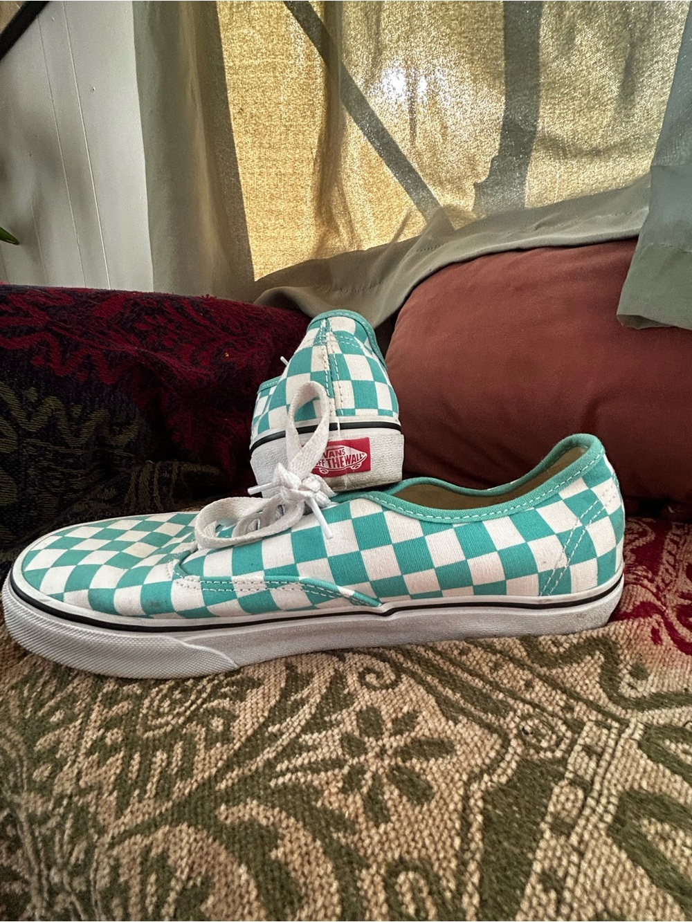 Vans Turquoise and White Checkerboard Low-Top Sneakers